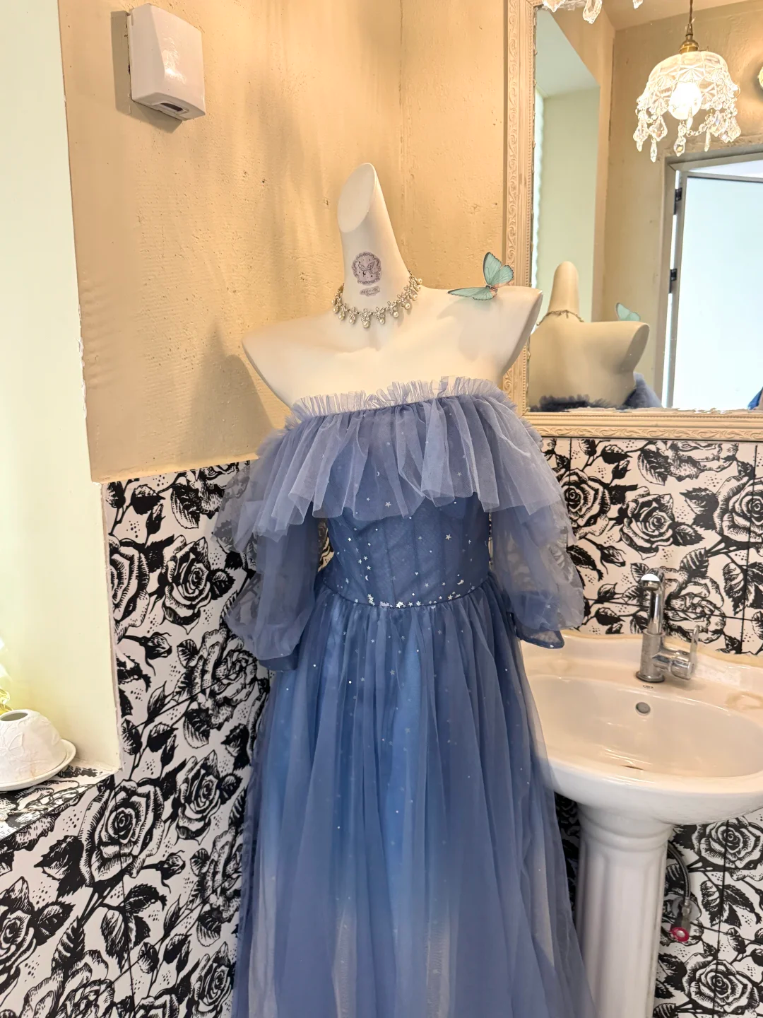 Dusty Blue Off-the-Shoulder Waist-Cinched Long Vintage Romantic Gown gh7553