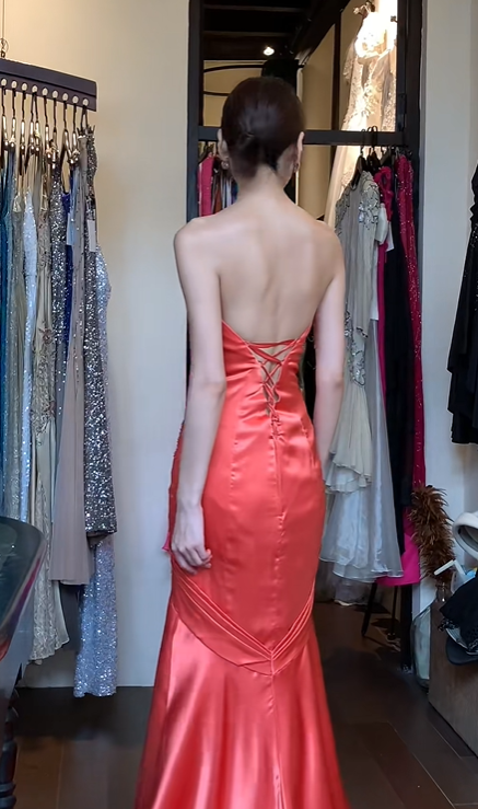 Orange Satin Strapless Sweetheart Evening Gown Hand Beaded Rhinestone High Slit Mermaid Long Prom Dress gh9718