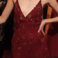 Burgundy Floral Sequin Long Evening Gown Deep V Spaghetti Straps Mermaid Prom Dress gh9868
