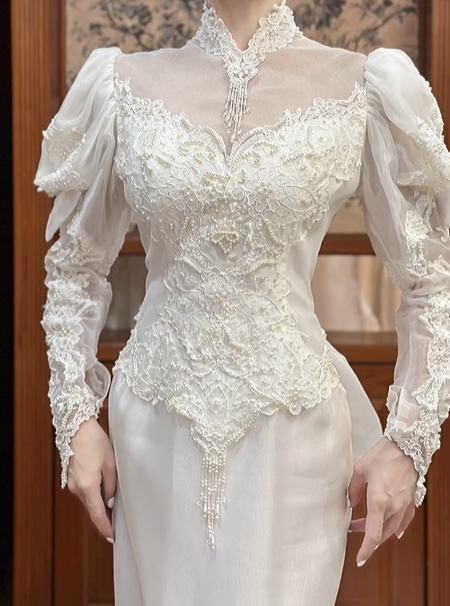 White Vintage Tulle Mermaid Wedding Prom Dress, Lace High Neck Illusion Sweetheart, Leg‑of‑Mutton Lace Sleeves, Floral Lace Appliqués, Scalloped Lace Long Train gh8686