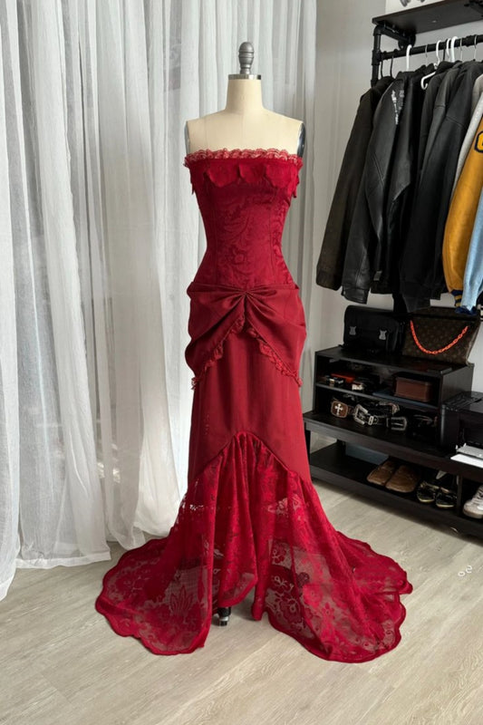 girlhomeshops--Red Vintage Elegant Long Lace Floor-Length Ball Gown Prom Dress gh5670
