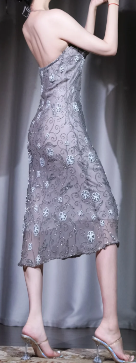 ✨Girlhomeshops-Grey Halter V Neck Midi Party Dress Floral Embroidered Sequin Beaded Sheer Mesh Evening Gown gh10059