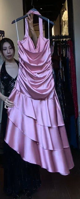 Dusty Pink Halter Deep V Cowl Neck Satin Asymmetrical Tiered Ruffle Long Evening Prom Dress gh9777