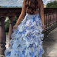 Blaues, bezauberndes Blumenmuster, A-Linie, Spaghettiträger, langes Ballkleid, Partykleid, Abendkleid gh3009