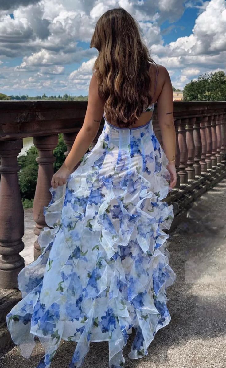 Blaues, bezauberndes Blumenmuster, A-Linie, Spaghettiträger, langes Ballkleid, Partykleid, Abendkleid gh3009