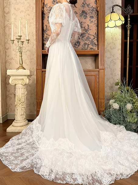 Off‑White Long Puff Sleeve Fitted Waist Elegant Vintage Long Prom Gown, Wedding Prom Dress gh8596