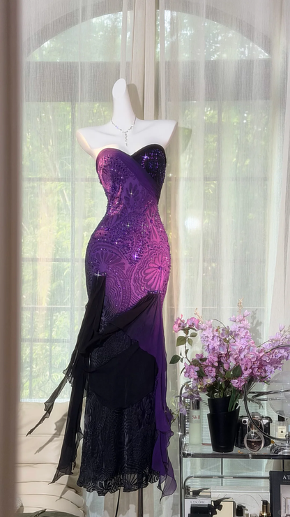 Purple Black Ombre Strapless Sweetheart Fully Beaded Mermaid Evening Dress, Prom Gown gh9516