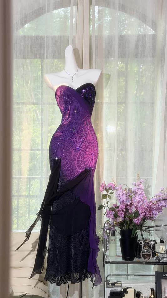 Purple Black Ombre Strapless Sweetheart Fully Beaded Mermaid Evening Dress, Prom Gown gh9516