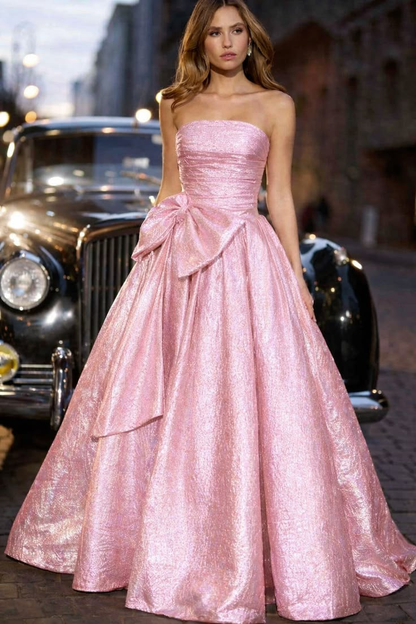 ✨Girlhomeshops-Pink Strapless Shimmer Ballgown Prom Dress With Large Side Bow gh10201