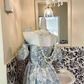 Blue Printed Off-the-Shoulder Waist-Cinched Elegant Vintage Romantic Dress, Wedding Gown gh7584