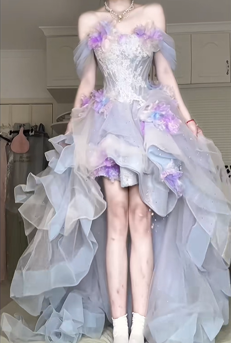 Lavender‑Blue Ombre Off‑Shoulder High‑Low Evening Gown, Lace Corset 3D Floral Tulle Prom Dress gh9052