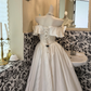 White Off Shoulder Satin Waist-Cinched Full Flared Romantic Dress, Wedding Gown gh7534
