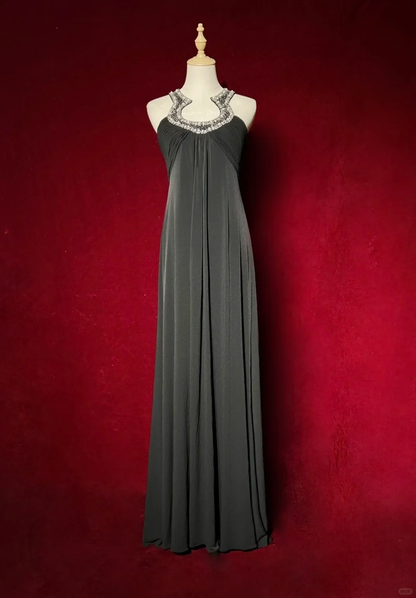 Halter Dark Grey Chiffon Prom Dress U Cutout Neck Silver Rhinestone Beaded Formal Dress gh9552