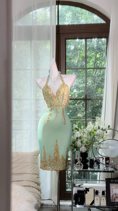 Mint Green Halter Neck Evening Dress, Gold Beaded Short Bodycon Cocktail Gown gh9501