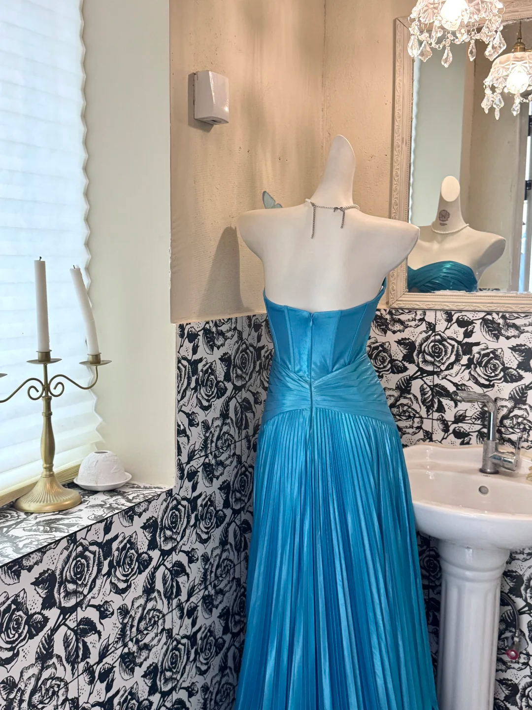 Sky Blue Strapless Waist-Cinched Fitted Long Vintage Elegant Romantic Dress, Wedding Gown gh7503