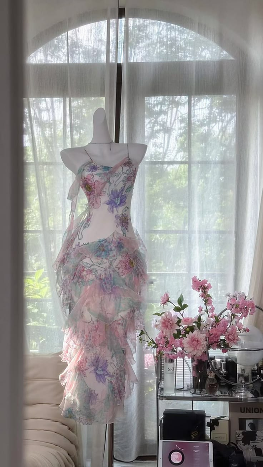 ✨Girlhomeshops-Watercolor Floral Spaghetti Strap Mermaid Prom Dress, Irregular Ruffle Chiffon Evening Gown gh10211
