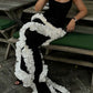 Vintage Luxury Trendy Style Spaghetti Strap Gown | Black-White Wave Ruffled Mermaid Maxi Dress for Gala Art Exhibition Luxury Social Event gh6441