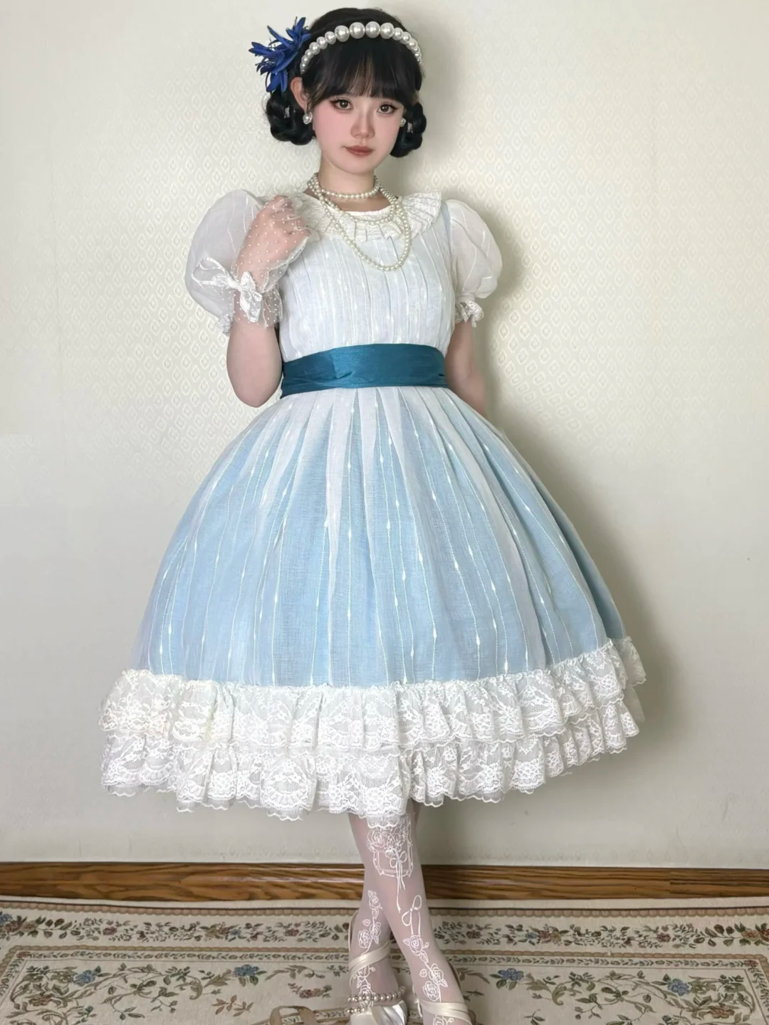 Vintage Gradient Blue Puff Sleeve Fitted Waist Flared Skirt Prom & Evening Party Dress gh8497