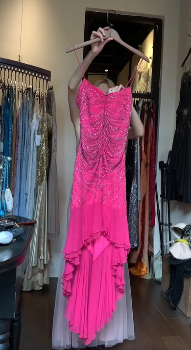 Fuchsia Spaghetti Strap Beaded Sequin Asymmetrical Ruffle Chiffon Evening Gown gh9815
