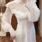 White Vintage Chiffon Wedding Gown, Lace High Neck Over V‑Neck, Ruffle Lace Shoulder Trim, Chiffon Puff Long Sleeves, Lace Embroidered Cuffs, Lace Appliqués Empire Waist, A‑Line Long Skirt With Multi‑Layer Ruffle Lace Hem, Prom & Wedding Dress gh8668