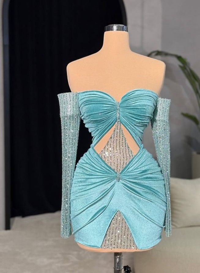 Blaues Samtkleid mit Perlen, sexy, kurzes Heimkehrkleid, Cocktailpartykleid, gh4935