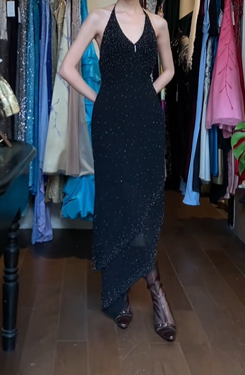 Black Vintage Prom Dress Halter Deep V Neck Starry Hand Beaded Bodycon Asymmetrical Ruffle Midi Evening Gown gh9615