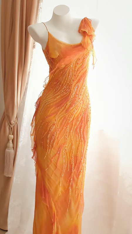 Women Orange Ombre Long Formal Dress Spaghetti Straps Cowl Neck Hand-Beaded Flowy Ruffle Chiffon Mermaid Evening Gown gh9579