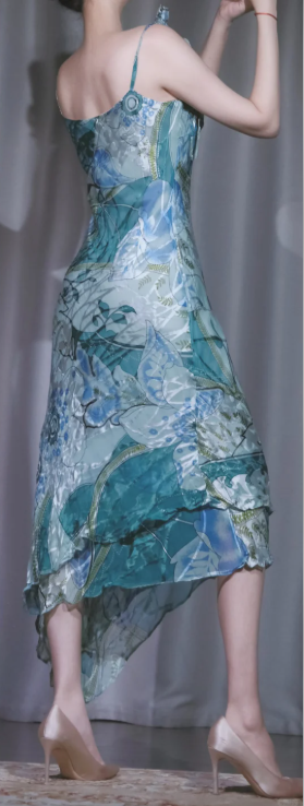 Spaghetti Strap Teal Floral Midi Evening Dress, Satin Gown with 3D Bow & Asymmetrical Ruffle gh9909