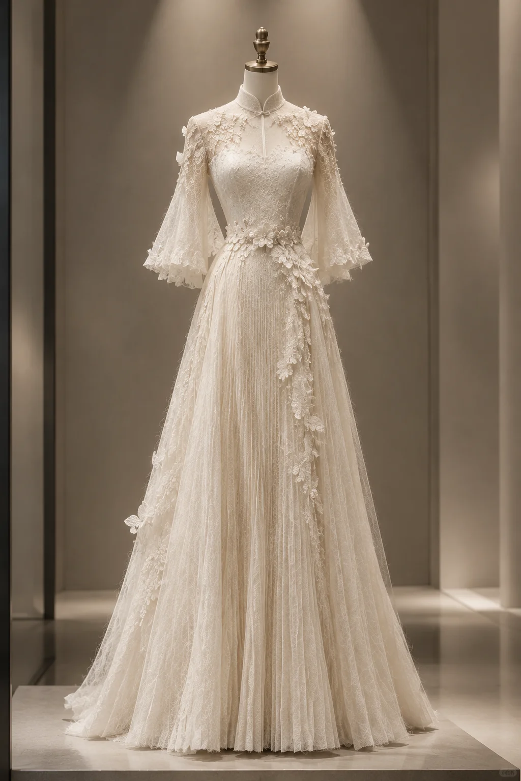 ✨Girlhomeshops-Ivory Lace 3D Butterfly Qipao Wedding Gown with Train gh10378