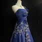 One Shoulder Navy Blue Satin Prom Dress Ruched Bodice Lace Embroidery 3D Floral Beaded Formal Gown gh9553