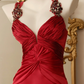 Women Burgundy Midi Bodycon Cocktail Dress Wide Straps Deep V Twist Front Hand Beaded Floral Shoulder Satin Evening Gown gh9583
