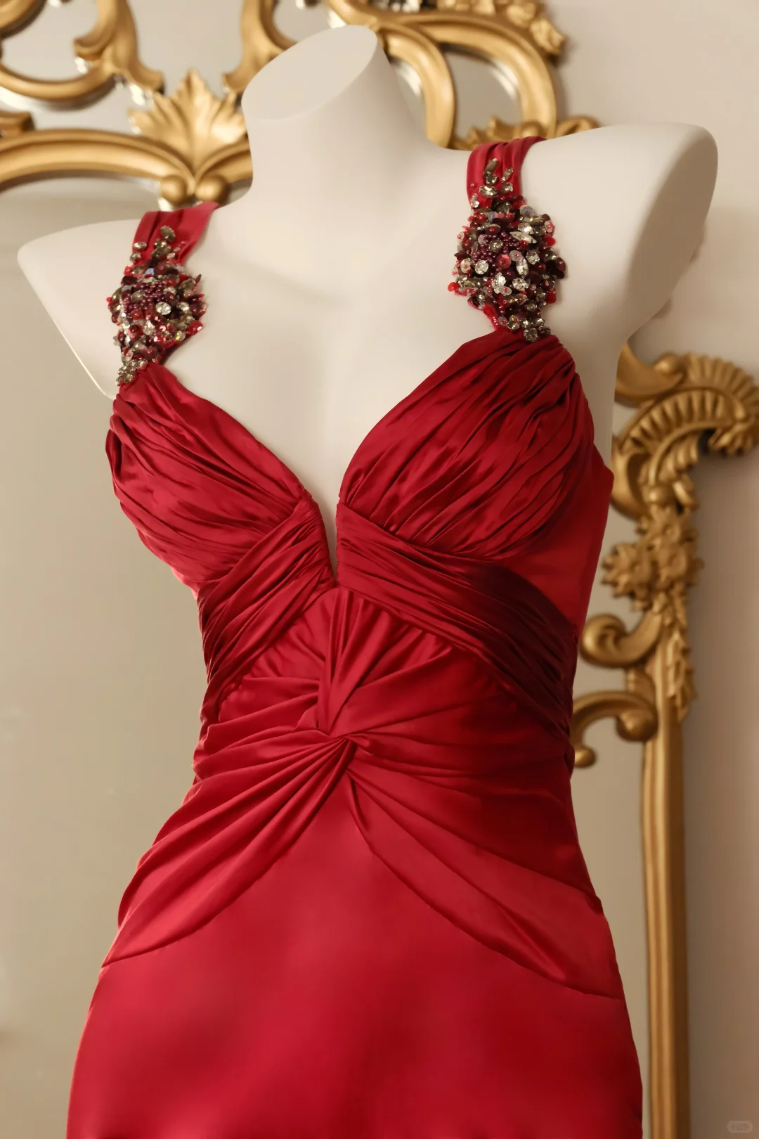 Women Burgundy Midi Bodycon Cocktail Dress Wide Straps Deep V Twist Front Hand Beaded Floral Shoulder Satin Evening Gown gh9583