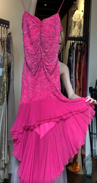 Fuchsia Spaghetti Strap Beaded Sequin Asymmetrical Ruffle Chiffon Evening Gown gh9815