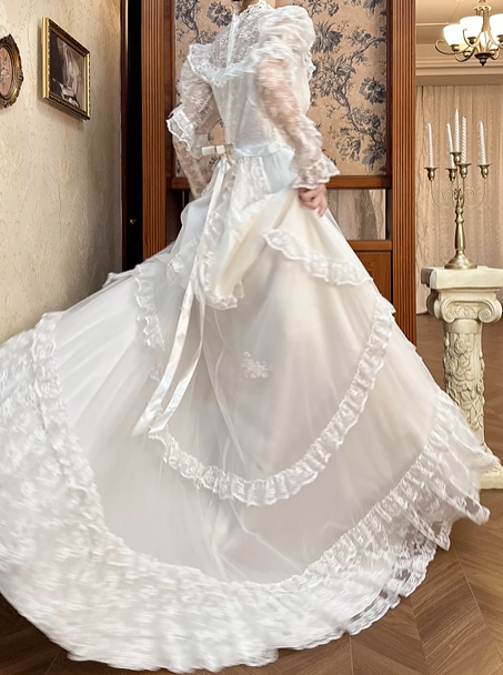 Ivory Vintage Lace Wedding Gown, Cut‑out High Neck With Keyhole V‑Detail, Puff Lace Long Sleeves With Tiered Ruffle Cuffs, Floral Lace Appliqué Waistband, A‑Line Multi‑Tier Ruffle Lace Long Train, Prom Dress gh8650