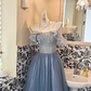 Light Gray Blue Off-Shoulder Waist-Cinched Full Flared Long Romantic Dress, Wedding Gown gh7505