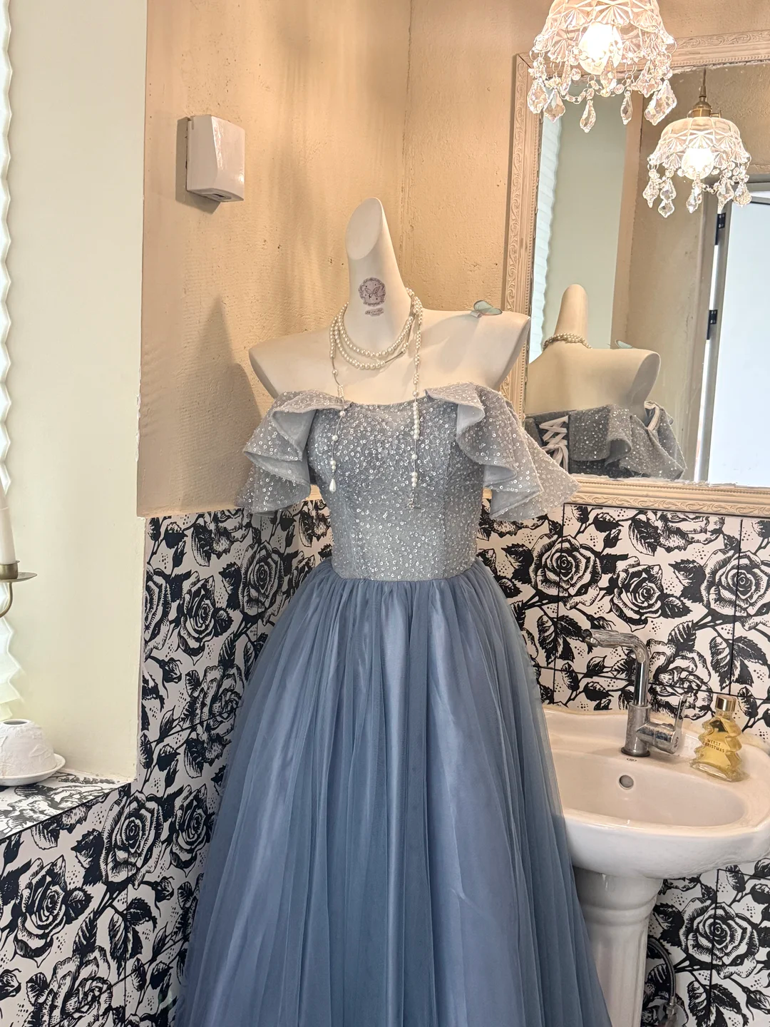 Light Gray Blue Off-Shoulder Waist-Cinched Full Flared Long Romantic Dress, Wedding Gown gh7505
