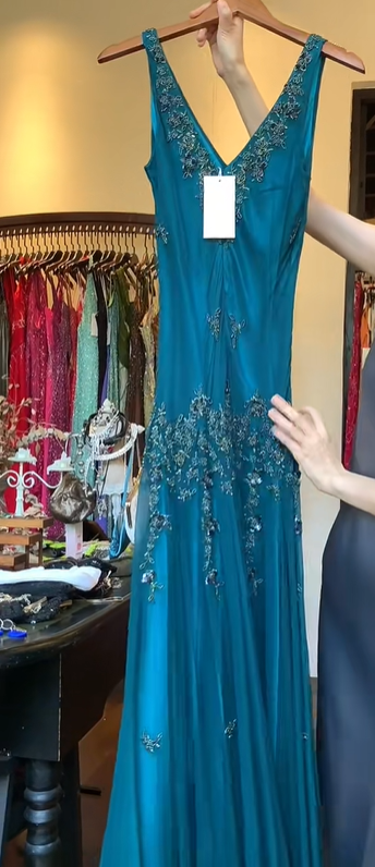Teal Beaded Pleated Chiffon Long Evening Gown Sleeveless V Neck Prom Dress gh9845