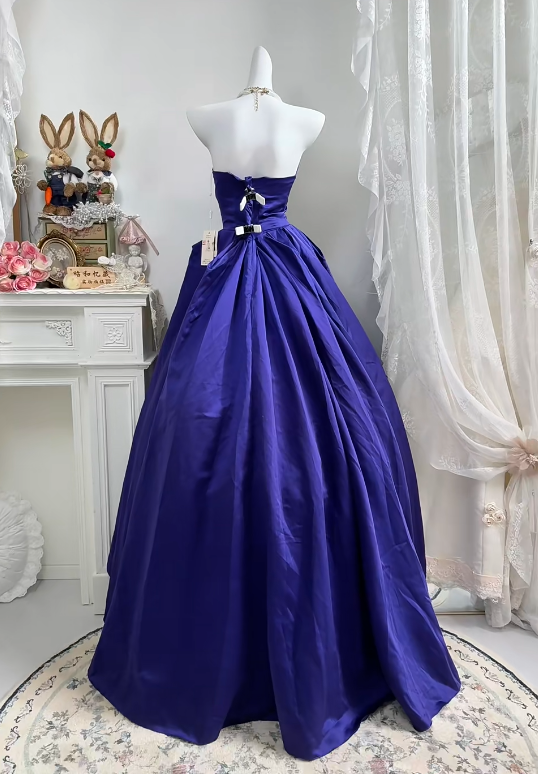 Royal Purple Satin Strapless Long Evening Gown, Beaded Rhinestone Sweetheart Neck Big Bow A-Line Princess Prom Dress gh9272