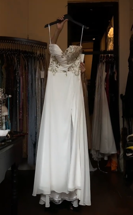 Spaghetti Strap White Chiffon Prom Dress Sweetheart Neck Beaded Sequin Embroidery High Slit Formal Evening Gown gh9809