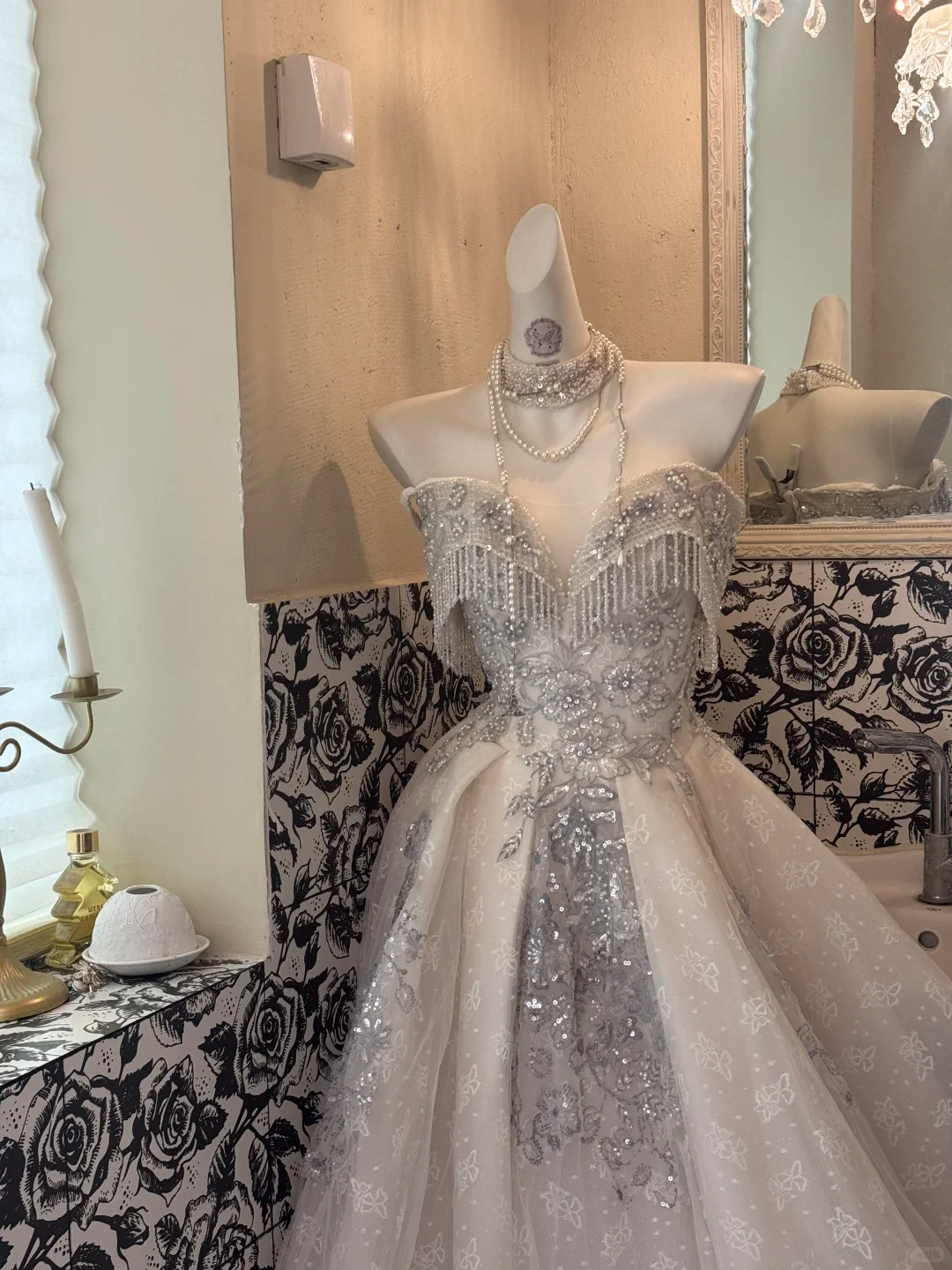 Ivory Strapless Tassel Silver Beaded Waist-Cinched Fitted Full Flared Romantic Dress, Wedding Gown gh7516