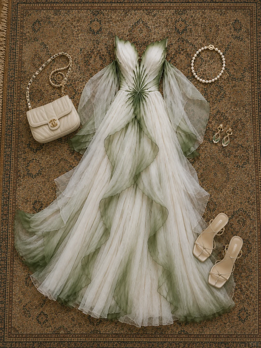 ✨Girlhomeshops-V Neck Flutter Sleeve White Green Gradient Tulle Dress with Tiered Ruffle Skirt gh10295