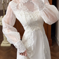 Ivory Vintage Organza Wedding Gown, Sheer Lace High Neck Over Sweetheart Neck, Puff Long Sleeves With Lace Cuffs, Lace Appliqué Waist, A‑Line Long Train With Lace Hem, Prom Dress gh8644