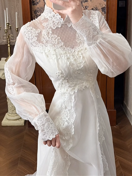 Ivory Vintage Organza Wedding Gown, Sheer Lace High Neck Over Sweetheart Neck, Puff Long Sleeves With Lace Cuffs, Lace Appliqué Waist, A‑Line Long Train With Lace Hem, Prom Dress gh8644