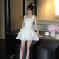 White Square Neck Homecoming Dress Sleeveless Lace Tiered Cake Mini Prom Gown gh9406