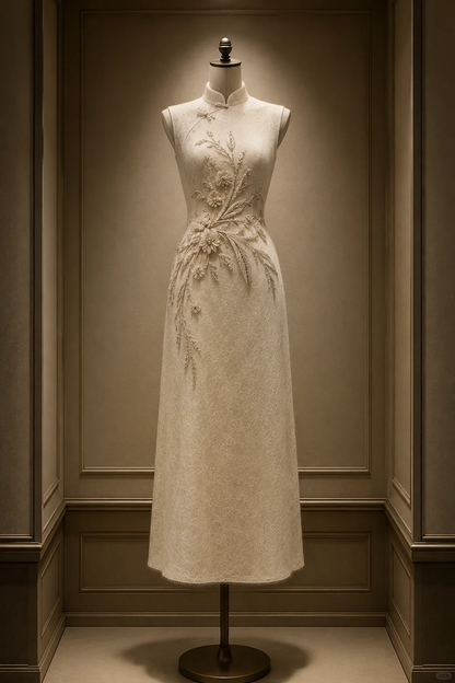 ✨Girlhomeshops-Beige Dragonfly Floral 3D Appliques Sleeveless Midi Qipao Cheongsam gh10405