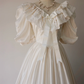 Ivory Satin Vintage Wedding Gown, V‑Neck Lace Ruffled Off‑the‑Shoulder, Puff Short Sleeves, Large Satin Bow, Tiered Eyelet Lace Ruffle Skirt, Bridal Prom Dress gh8913