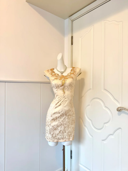Champagne Beige Embroidered Homecoming Dress Cap Sleeve V Neck Bodycon Cocktail Party Gown gh9386