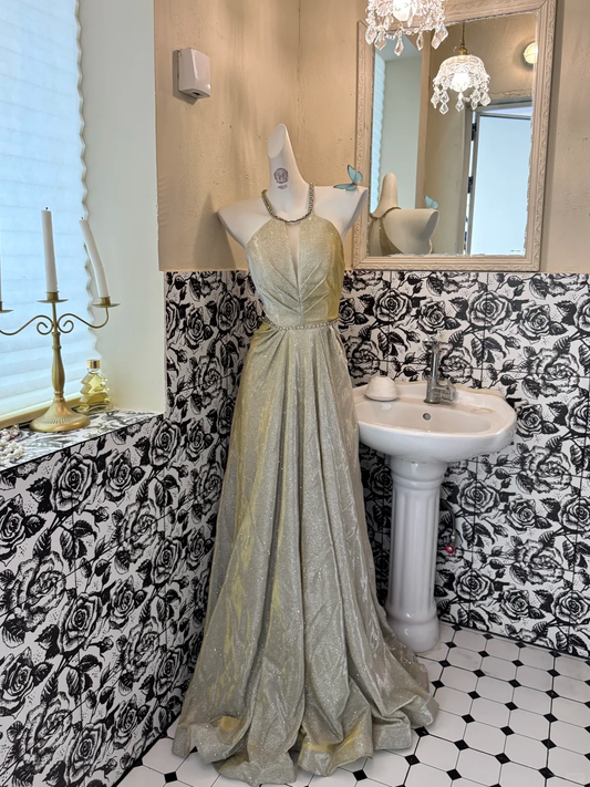 Light Sage Green Halter Waist-Cinched Full Flared Skirt Elegant Romantic Dress gh7609