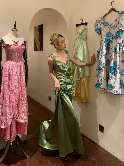 Olive Green Satin Long Evening Gown V Neck Wide Strap Mermaid Prom Dress gh9869