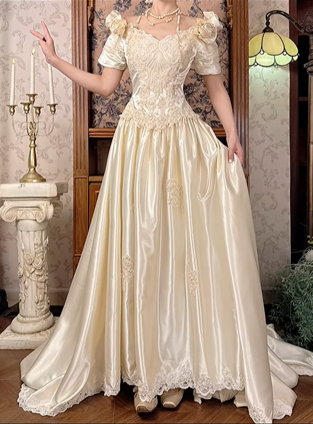 Light Apricot Rose Floral Neckline Fitted Waist Vintage Beaded Full Flared Skirt Long Prom Gown, Wedding Dress gh8598